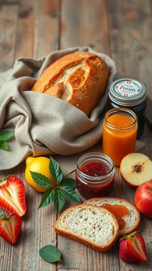 Homemade Bread and Jam Gift Set Homemade bread and jars of fruit jam arranged as a gift set on a wooden table.